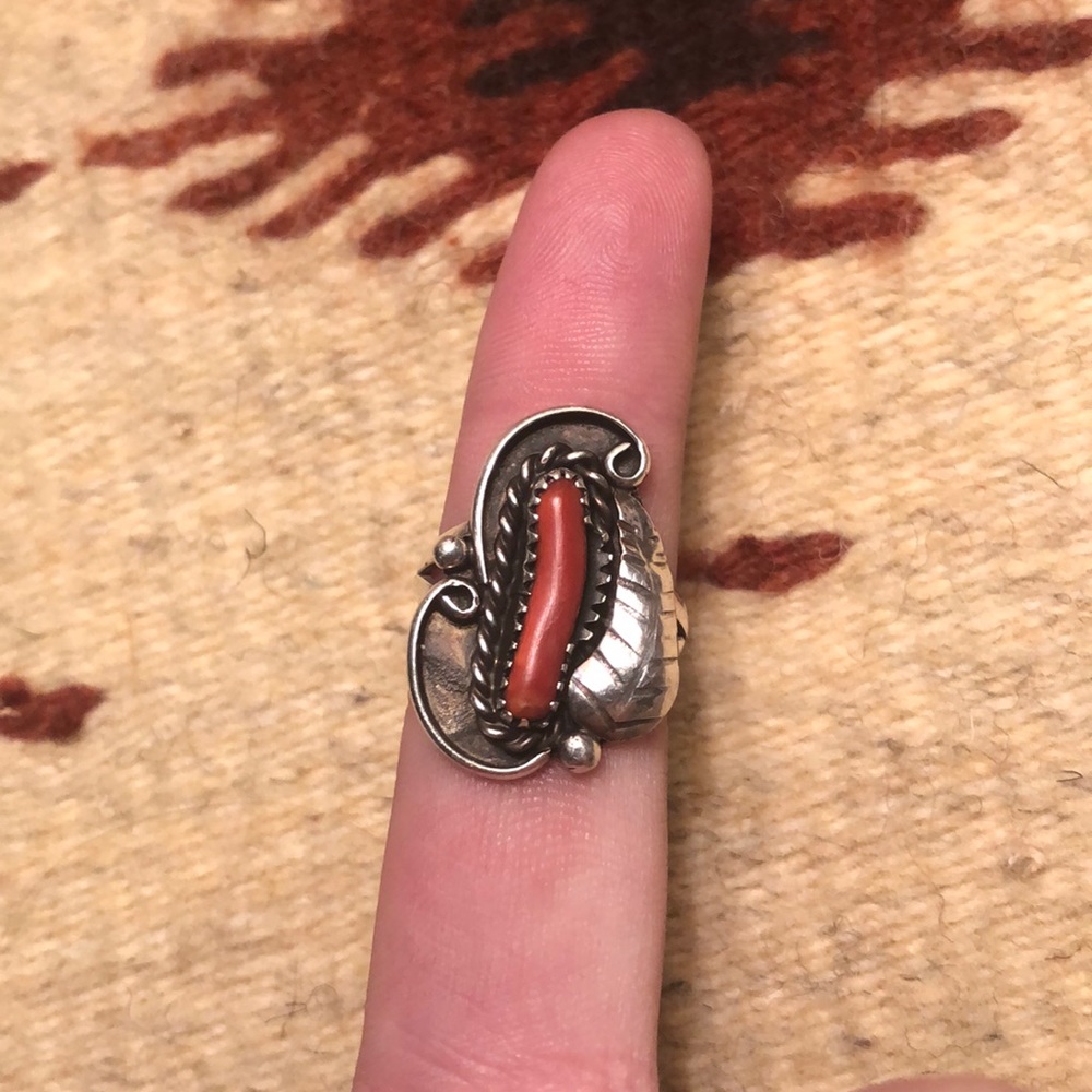 Coral and feather Native American ring